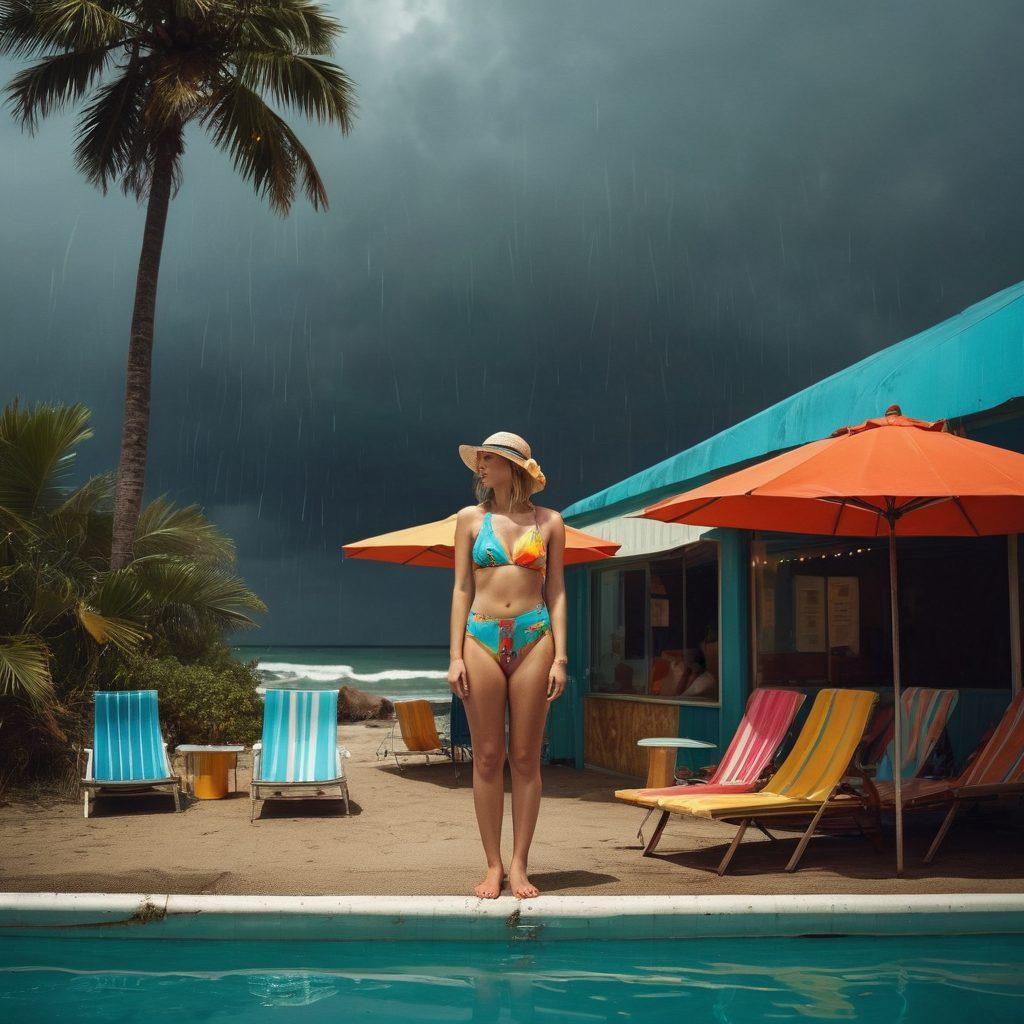 A split scene capturing the essence of melancholy and merriment: on one side, a lone figure in vintage swimwear gazes wistfully at a small, dark cinema with rain pouring down, while on the other, a vibrant beach party unfolds with joyful swimmers and colorful swimwear, under a bright sun. The contrast between the two sides highlights the emotional journey. surrealism. vibrant colors. cinematic lighting.