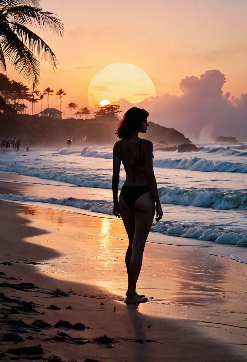 A serene beach at sunset, with waves crashing softly on the shore. In the foreground, a stylish swimwear design contrasts against a shadowy film reel, symbolizing melancholy cinema. Wisps of fog linger in the air, creating an ethereal atmosphere. Vintage film posters fade into the background, hinting at poignant stories. Overall, the scene evokes a sense of bittersweet nostalgia. super-realistic. vibrant colors. soft-focus.