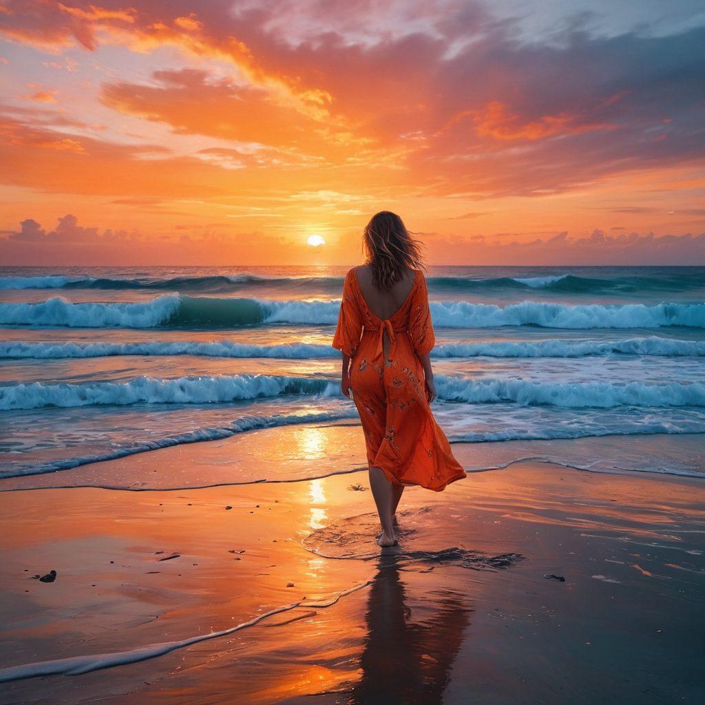 A dramatic beach scene at sunset, showcasing a solitary figure in vibrant beachwear, gazing longingly at the ocean waves. Surrounding them are symbols of heartbreak like wilted flowers and an empty film reel, evoking a sense of melancholy. The colors should blend warm oranges and cool blues, to illustrate the contrast between joy and sadness. Incorporate an abstract, painterly style to emphasize emotions. vibrant colors. painterly.